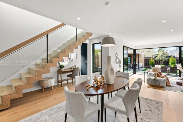 Dining room, Interior, Living room, Pendant Lights, Recessed Lighting, Wood Texture Flooring