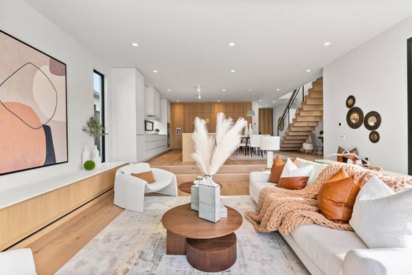Interior, Kitchen, Living room, Recessed Lighting, Wood Texture Flooring