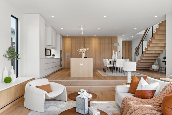 Dining room, Interior, Kitchen, Living room, Pendant Lights, Recessed Lighting, Wood Texture Flooring