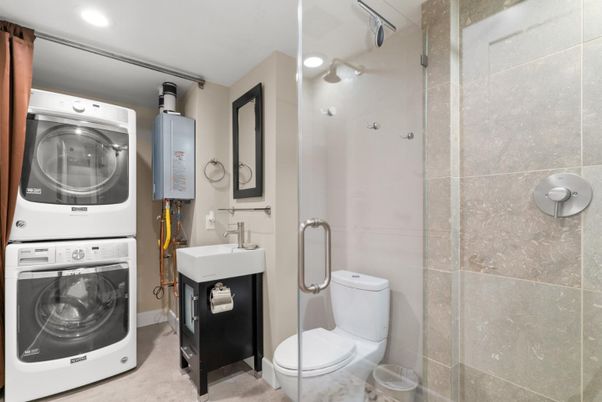 Bathroom, Glass Shower, Interior, Recessed Lighting, Utility Closets, Washer