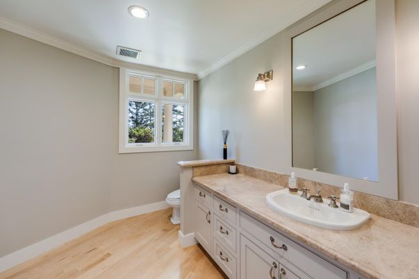 Bathroom, Dual Sink Vanities, Interior, Recessed Lighting, Wood Texture Flooring