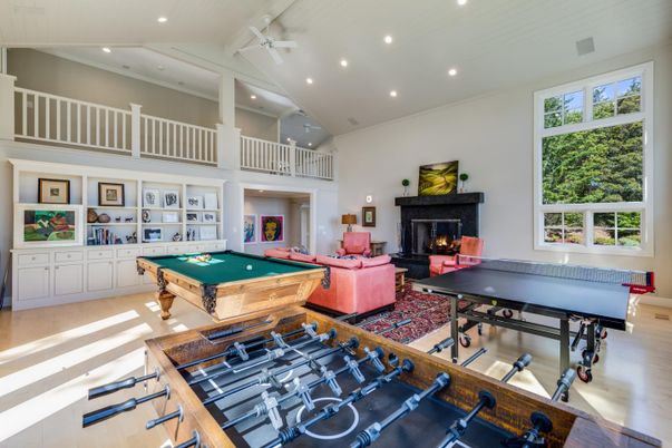 Billiard Table, Fireplace, Game Room, Interior, Recessed Lighting, Wood Texture Flooring