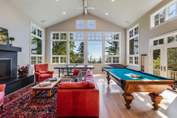 Billiard Table, Fireplace, Game Room, Interior, Living room, Recessed Lighting, Wood Texture Flooring