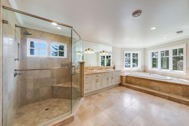 Bathroom, Dual Sink Vanities, Glass Shower, Interior, Recessed Lighting