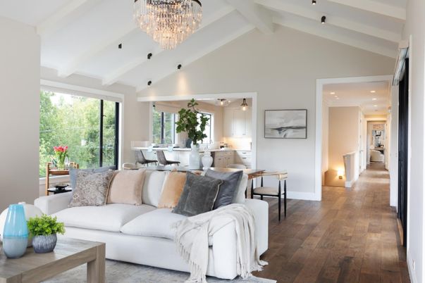 Chandelier, Dining room, Interior, Living room, Recessed Lighting, Wood Texture Flooring