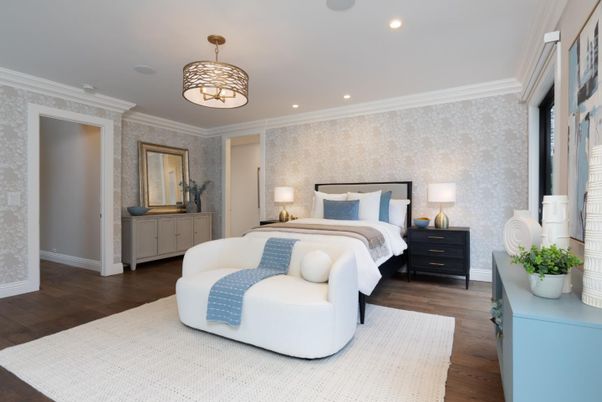 Bedroom, Interior, Pendant Lights, Recessed Lighting, Wood Texture Flooring