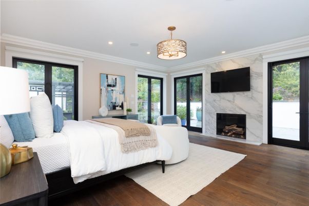 Bedroom, Fireplace, Interior, Marble Walls, Recessed Lighting, Wood Texture Flooring