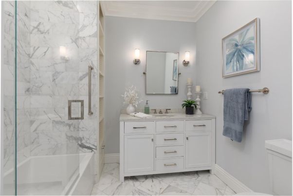 Bathroom, Dual Sink Vanities, Glass Shower, Interior, Marble, Marble Walls