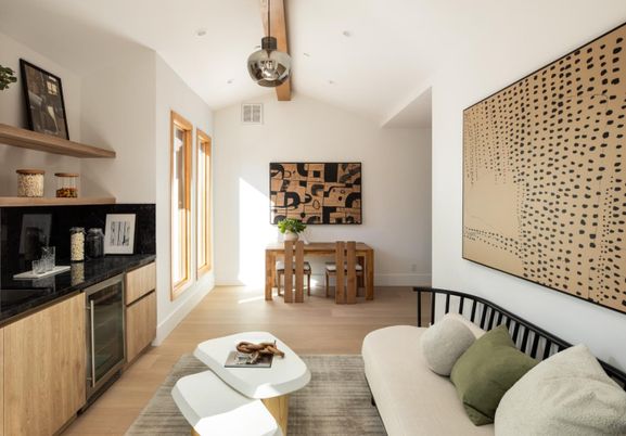 Dining room, Interior, Living room, Recessed Lighting, Wooden Beams, Wood Texture Flooring