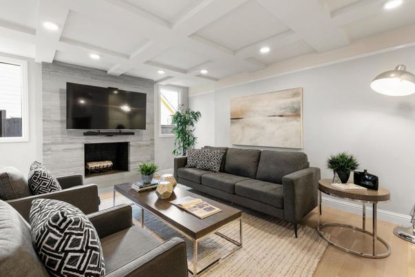 Fireplace, Interior, Living room, Recessed Lighting, Wood Texture Flooring