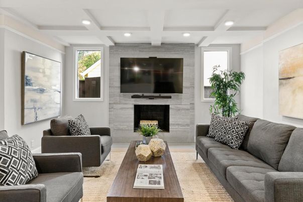Fireplace, Interior, Living room, Recessed Lighting, Wood Texture Flooring