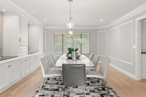 Dining room, Interior, Pendant Lights, Recessed Lighting, Wood Texture Flooring