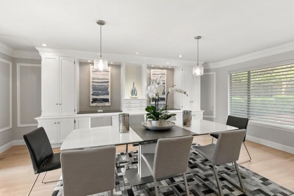Dining room, Interior, Pendant Lights, Recessed Lighting, Wood Texture Flooring
