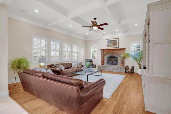Fireplace, Interior, Living room, Recessed Lighting, Wood Texture Flooring