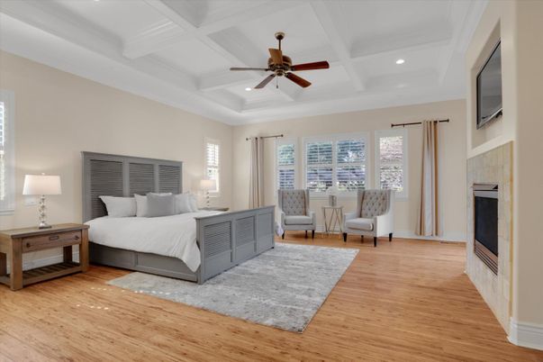 Bedroom, Fireplace, Interior, Recessed Lighting, Wood Texture Flooring