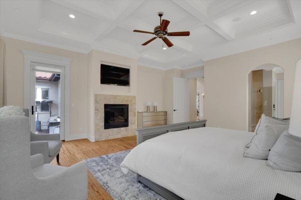 Bedroom, Fireplace, Interior, Recessed Lighting, Wood Texture Flooring