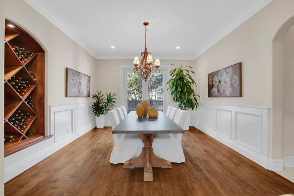 Chandelier, Dining room, Interior, Recessed Lighting, Wine Storage, Wood Texture Flooring