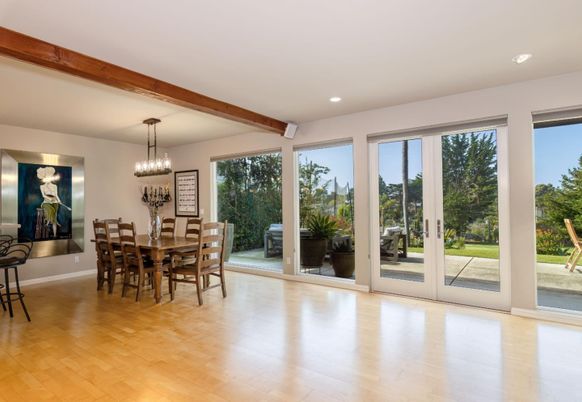 Chandelier, Dining room, Interior, Recessed Lighting, Wooden Beams, Wood Texture Flooring