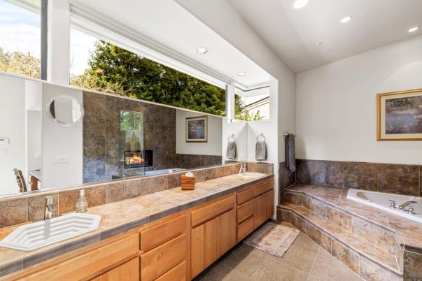 Bathroom, Dual Sink Vanities, Fireplace, Interior, Recessed Lighting