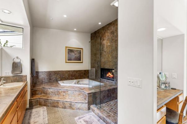 Bathroom, Fireplace, Glass Shower, Interior, Recessed Lighting