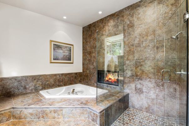 Bathroom, Fireplace, Glass Shower, Interior, Recessed Lighting