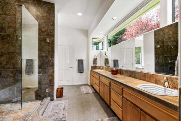 Bathroom, Dual Sink Vanities, Glass Shower, Interior, Recessed Lighting
