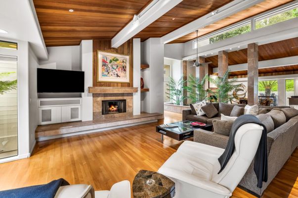 Fireplace, Interior, Living room, Recessed Lighting, Wooden Ceilings, Wood Texture Flooring