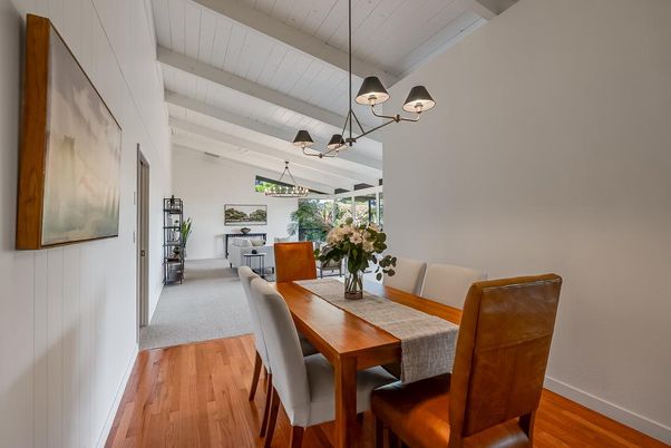 Dining room, Interior, Living room, Pendant Lights, Wood Texture Flooring