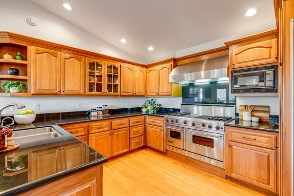 Interior, Kitchen, Recessed Lighting, Stainless Steel Appliances, Wood Texture Flooring