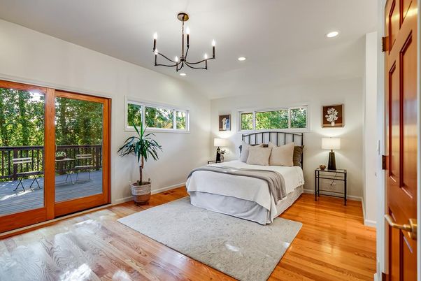Bedroom, Chandelier, Interior, Recessed Lighting, Wood Texture Flooring