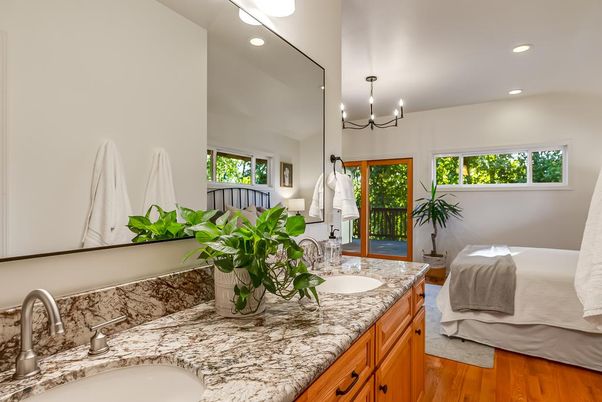 Bathroom, Chandelier, Dual Sink Vanities, Interior, Recessed Lighting, Wood Texture Flooring