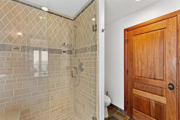 Bathroom, Glass Shower, Interior, Recessed Lighting, Stone Walls