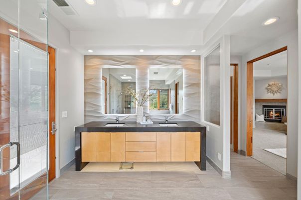 Bathroom, Dual Sink Vanities, Fireplace, Glass Shower, Interior, Recessed Lighting