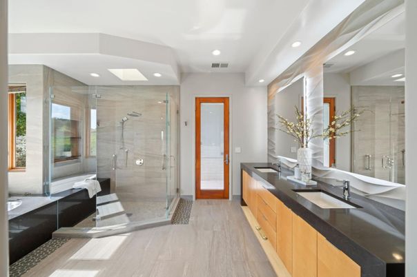 Bathroom, Dual Sink Vanities, Glass Shower, Interior, Recessed Lighting