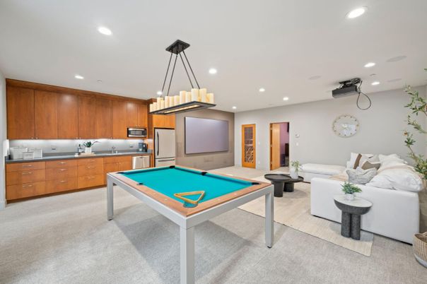 Billiard Table, Game Room, Interior, Kitchen, Living room, Pendant Lights, Recessed Lighting