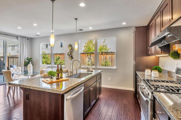 Dining room, Interior, Kitchen, Pendant Lights, Recessed Lighting, Stainless Steel Appliances, Wood Texture Flooring