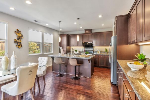 Dining room, Interior, Kitchen, Pendant Lights, Recessed Lighting, Wood Texture Flooring