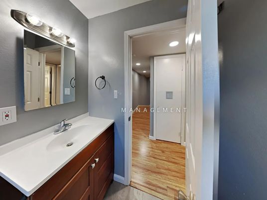 Bathroom, Interior, Recessed Lighting, Wood Texture Flooring