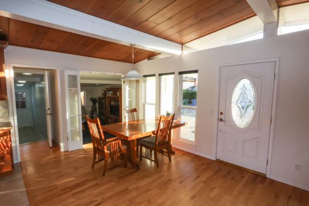 Dining room, Interior, Pendant Lights, Wooden Beams, Wooden Ceilings, Wood Texture Flooring