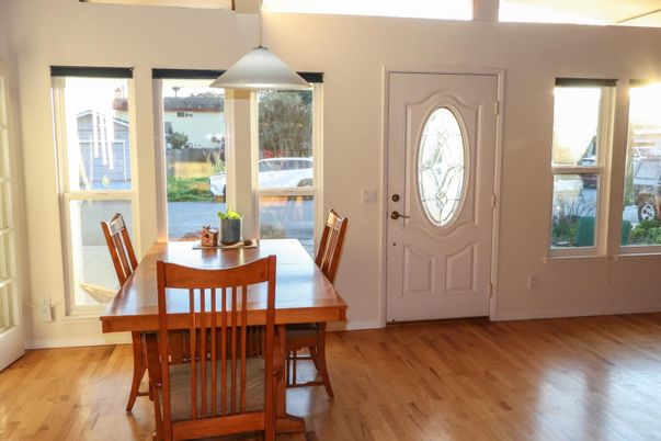 Dining room, Interior, Pendant Lights, Wood Texture Flooring