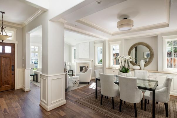 Dining room, Fireplace, Interior, Pendant Lights, Recessed Lighting, Wood Texture Flooring