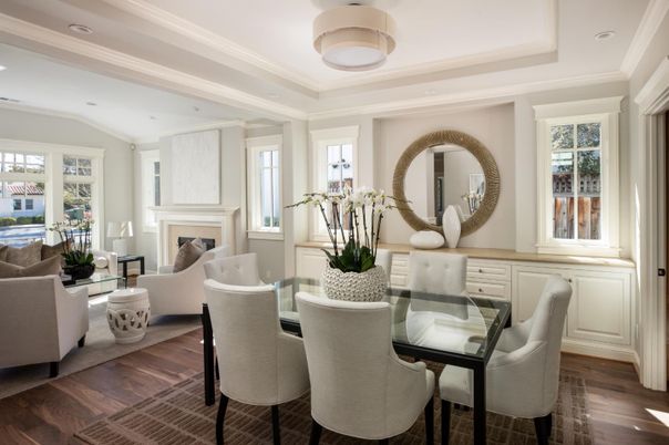 Dining room, Fireplace, Interior, Living room, Recessed Lighting, Wood Texture Flooring