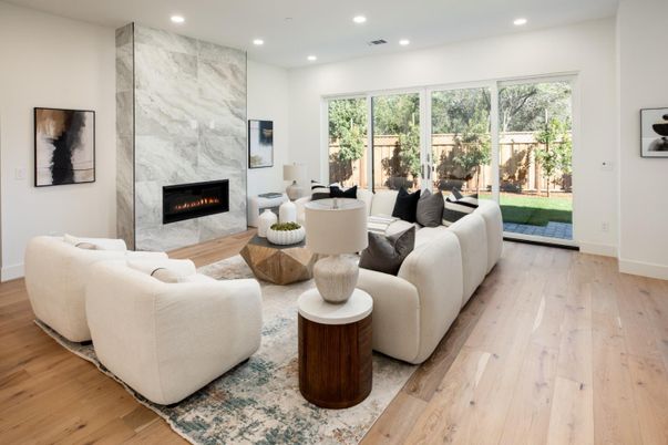 Fireplace, Interior, Living room, Marble Walls, Recessed Lighting, Wood Texture Flooring