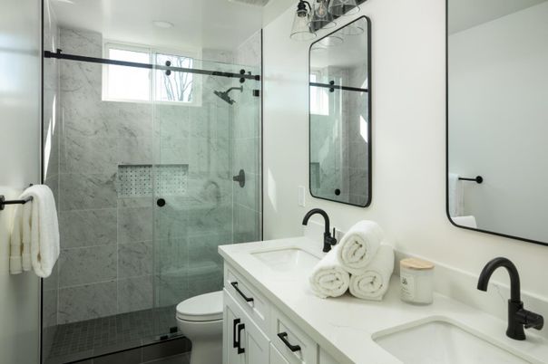Bathroom, Dual Sink Vanities, Glass Shower, Interior, Marble Walls