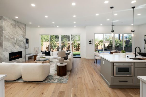 Dining room, Fireplace, Interior, Kitchen, Living room, Pendant Lights, Recessed Lighting, Wood Texture Flooring