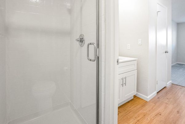 Bathroom, Glass Shower, Interior, Wood Texture Flooring