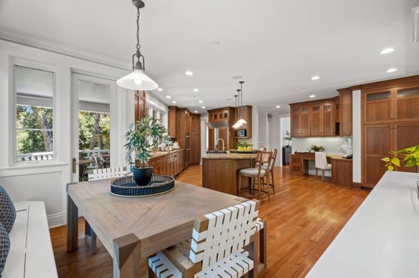 Dining room, Interior, Kitchen, Pendant Lights, Recessed Lighting, Wood Texture Flooring
