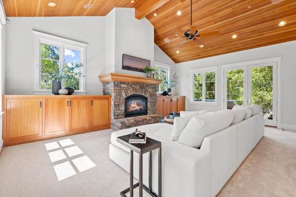 Fireplace, Interior, Living room, Recessed Lighting, Wooden Beams, Wooden Ceilings