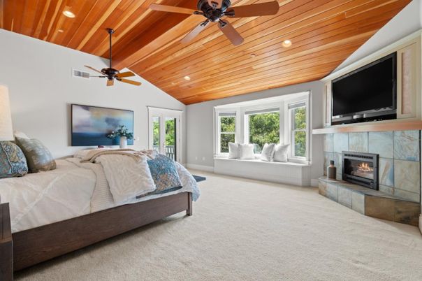 Bedroom, Fireplace, Interior, Recessed Lighting, Wooden Ceilings