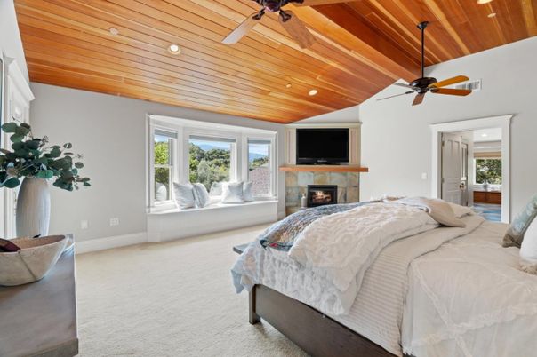 Bedroom, Fireplace, Interior, Recessed Lighting, Wooden Ceilings